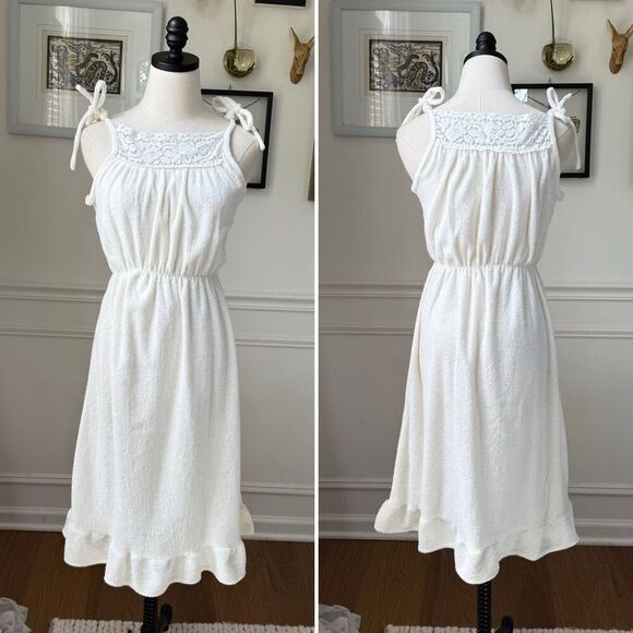 Vintage 70s 80s White Terrycloth Sundress Swim Coverup S M - Picture 1 of 4